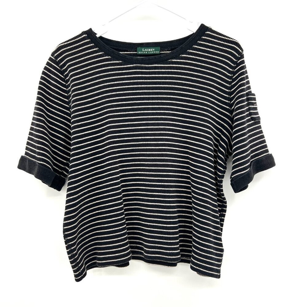 Vintage Lauren Ralph Lauren Navy White Knit Short Sleeve Top Striped Large